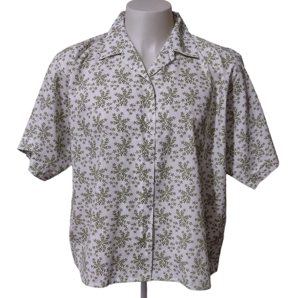 Haband Shirt XX Womens Cottage Core Boho Whimsical White Green Floral Leaf Retro